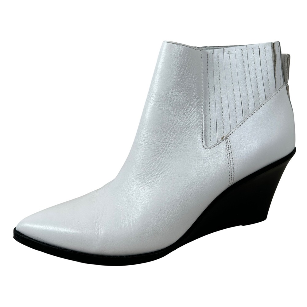 Calvin Klein Tabby White Leather‎ Pointed Toe Wedge Ankle Boots Womens 9.5